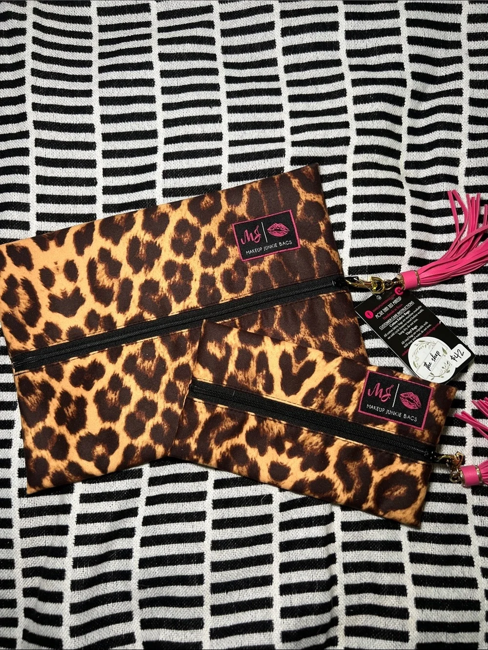 Bundle of 2! Leopard Print Cosmetic Pouches Set with Pink Tassel Accent